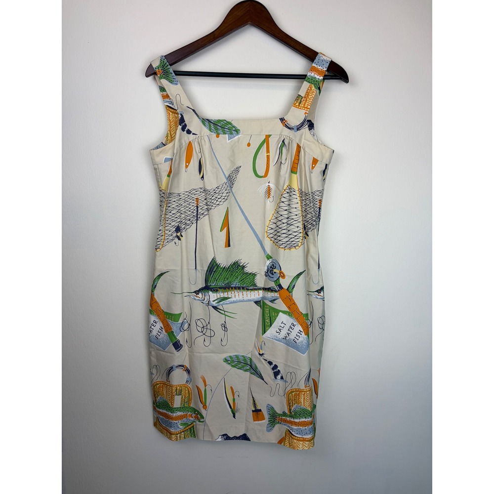 J Crew Salty Seas Fishing Print Dress 6 Nautical Salt Water Fish Cotton Y2K